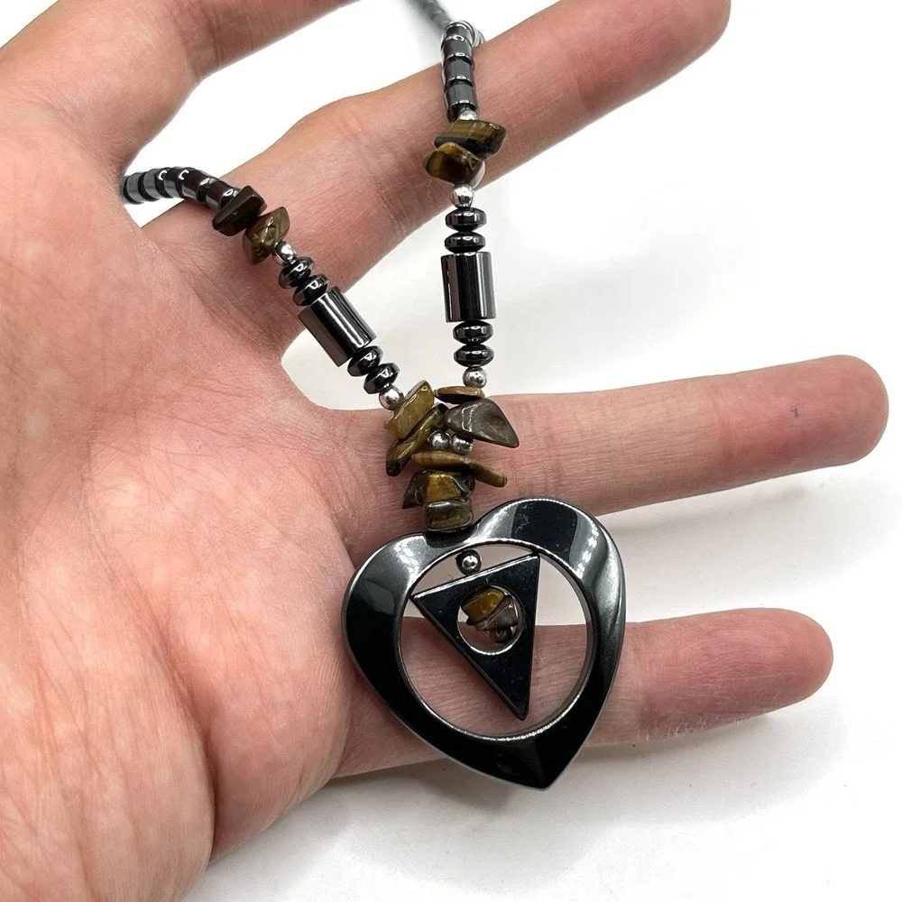 Handmade Hematite & Tiger Eye Mixed Beads Pendant Heart Necklace 16